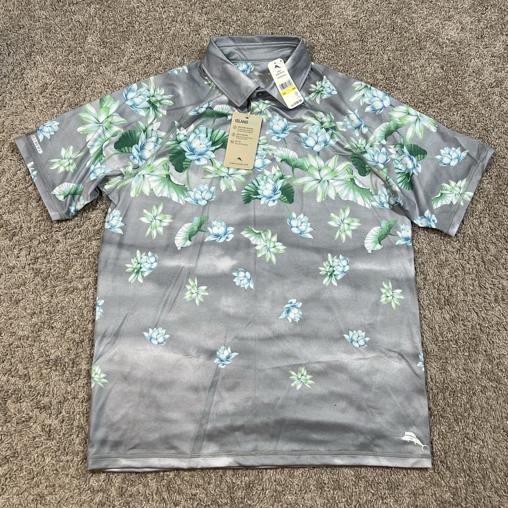 Tommy Bahama Island Zone Sailing Lotus Polo M Silvery Blue UPF 30 Moisture Wick